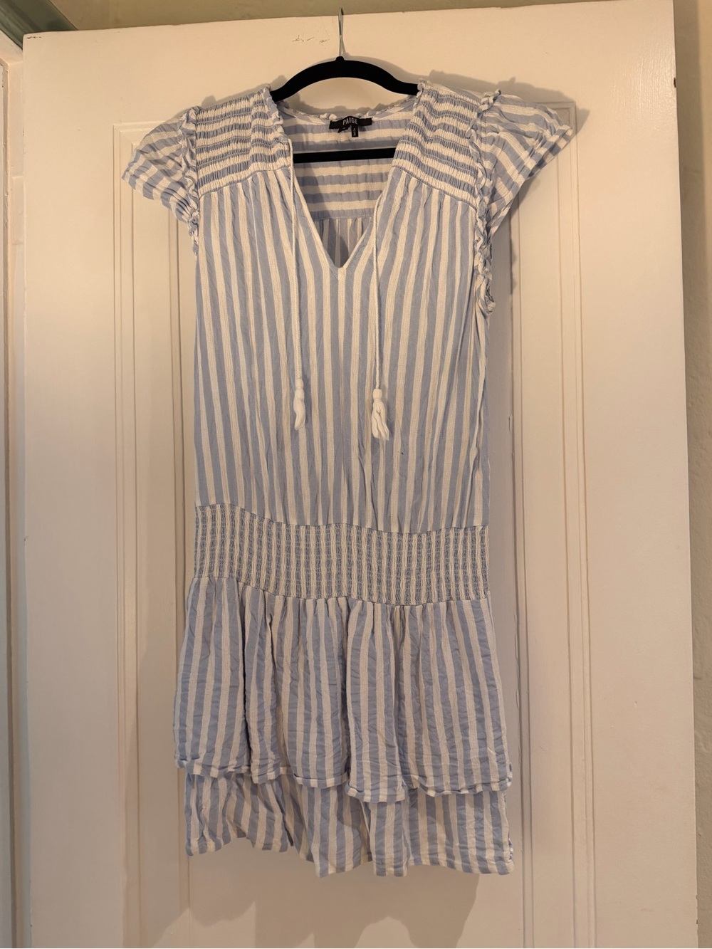 PAIGE Blue & White Striped Tiered Midi Dress
